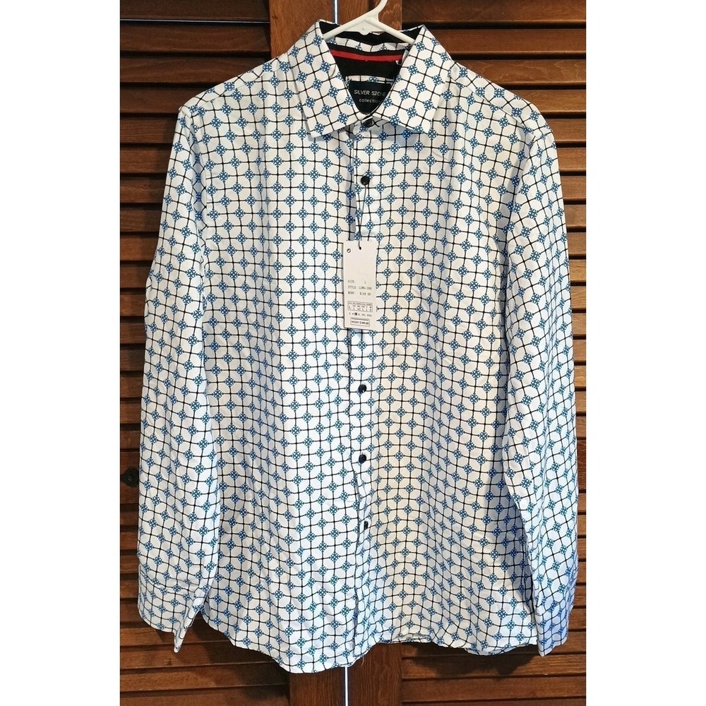 Silver‎ Stone Men Shirt Large White Blue Geometric Print Long Sleeve NWT